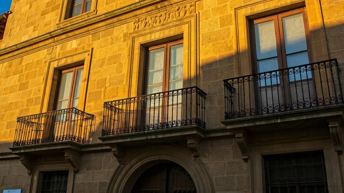Facade of Onda Town Hall, with balcony and iron railings, bathed in afternoon sunlight.