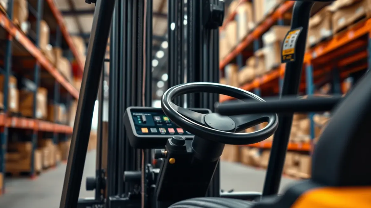 Generic image of a forklift control panel in a warehouse.
