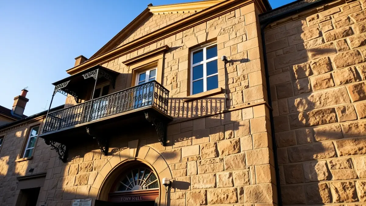 Fachada de un ayuntamiento de piedra con balcón y barandillas de hierro, con la luz del sol de la tarde.