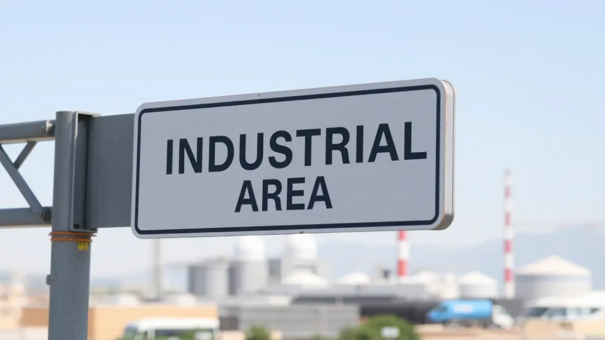 Imatge genèrica d'una senyalització d'àrea industrial amb fàbriques desenfocades al fons, sota un cel clar.