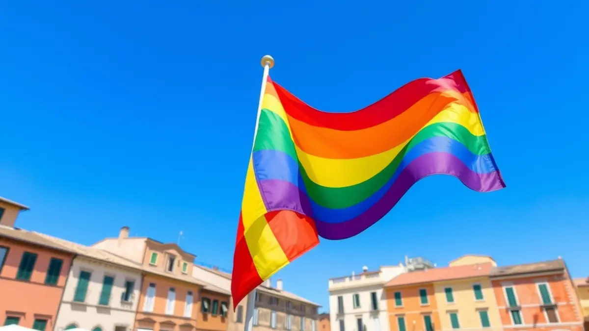 Imatge genèrica d'una bandera arc de Sant Martí onejant en una plaça mediterrània, simbolitzant la diversitat i la inclusió.