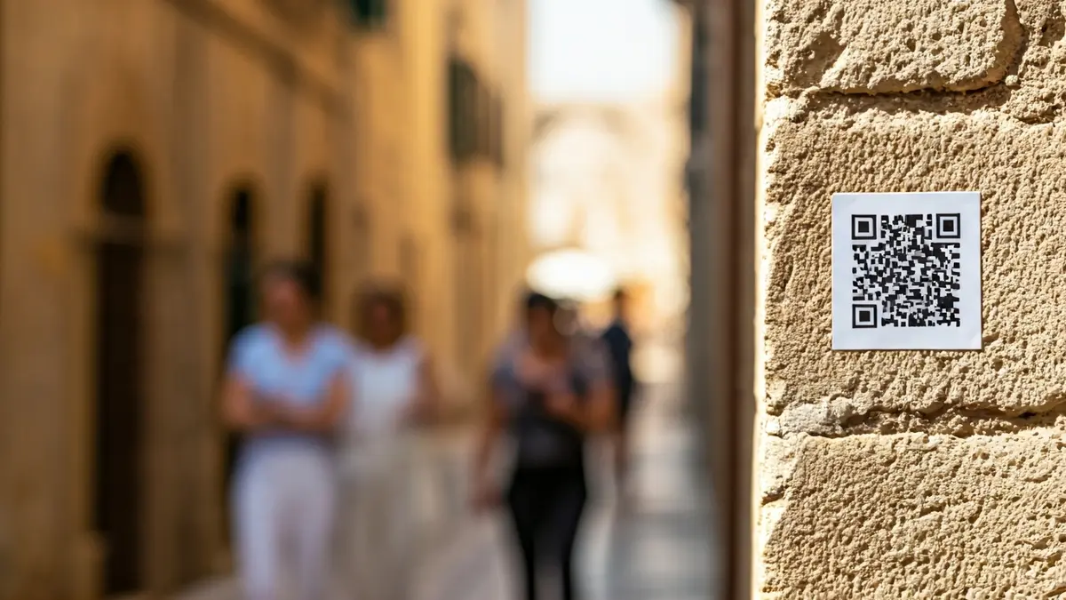 Imatge genèrica d'un codi QR en una paret de pedra en una ciutat mediterrània històrica.