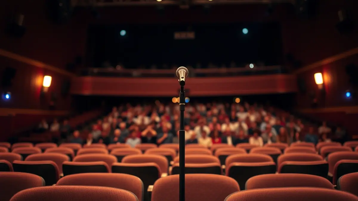 Imagen genérica de un escenario de teatro con un micrófono, con asientos vacíos en primer plano y público difuminado al fondo.