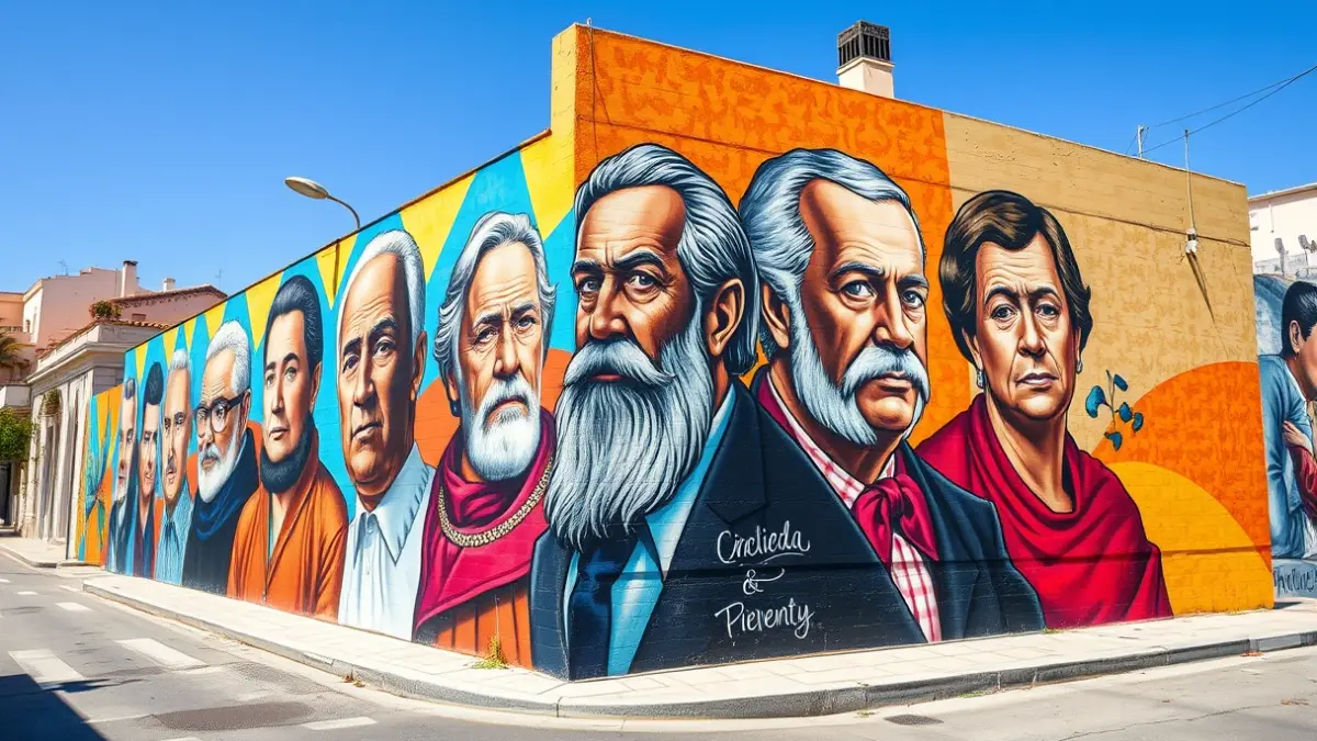 Imagen de un mural literario en una calle de Ondara, con retratos de escritores valencianos.