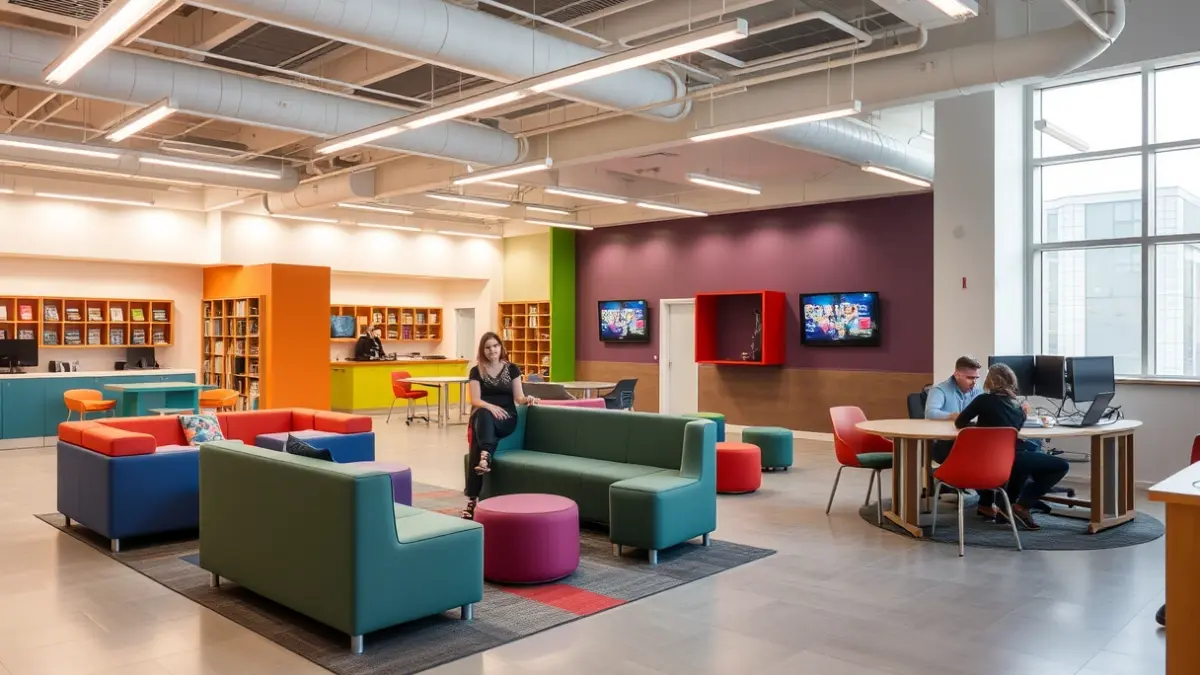 Image of a modern youth space with colorful furniture and distinct activity zones.