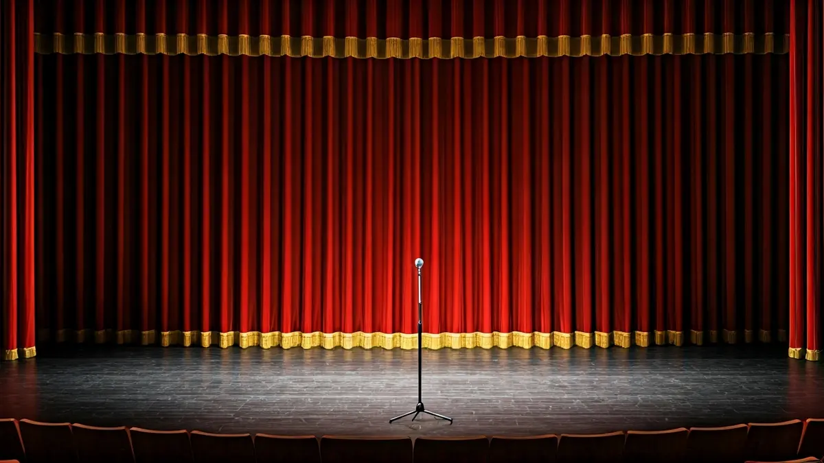 Image of a theater stage with red curtains and a microphone, with empty seats in a historic theater.