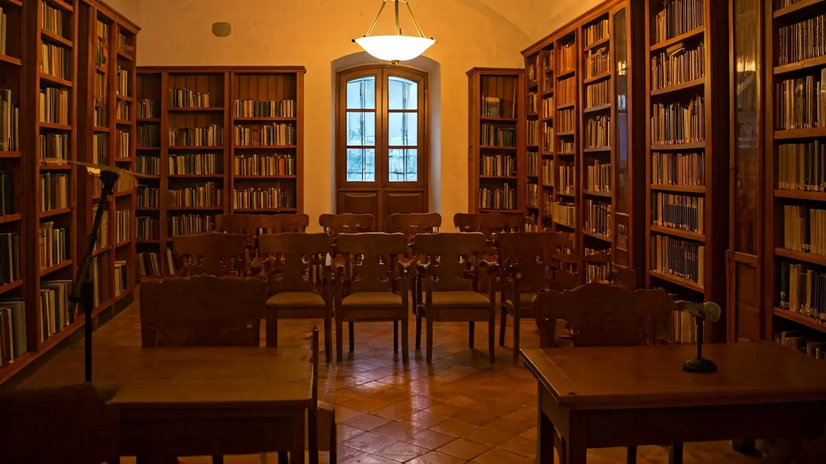 Imatge genèrica d'un interior de biblioteca amb prestatgeries de fusta i un podi amb micròfon.