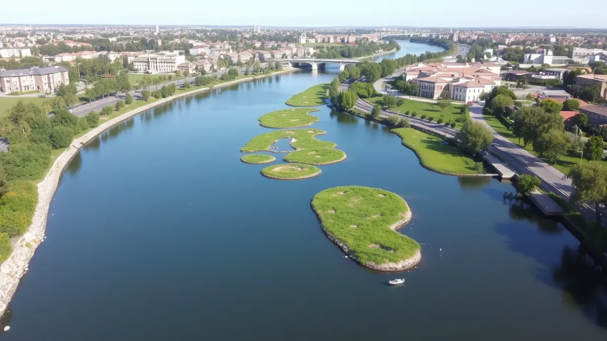 Imatge aèria del riu Clariano i el parc inundable de les Mamàs Belgues en Ontinyent.
