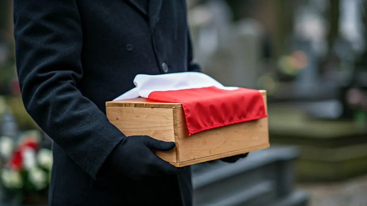 Imatge d'una caixa amb restes humanes coberta amb una bandera tricolor en un cementiri.