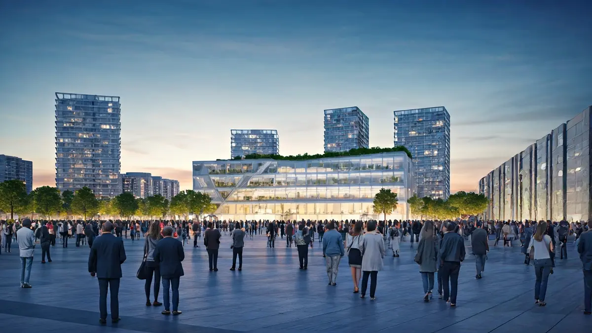 Generic image of a modern city with sustainable architecture and green spaces, reflecting an urban development plan.