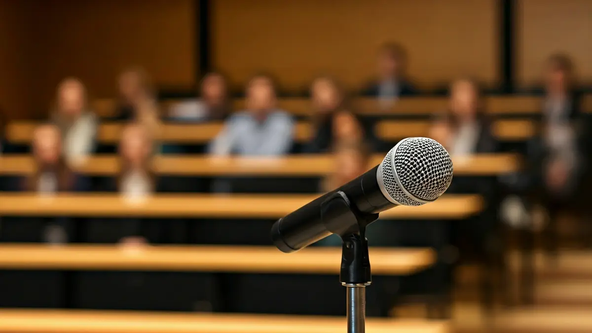 Imagen genérica de un micrófono en un atril en un entorno académico.