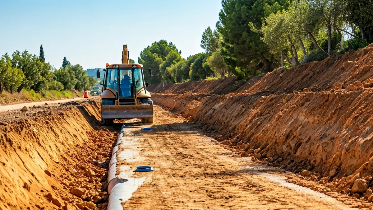 Imatge d'obres en una carretera amb maquinària pesada i tubs de drenatge.