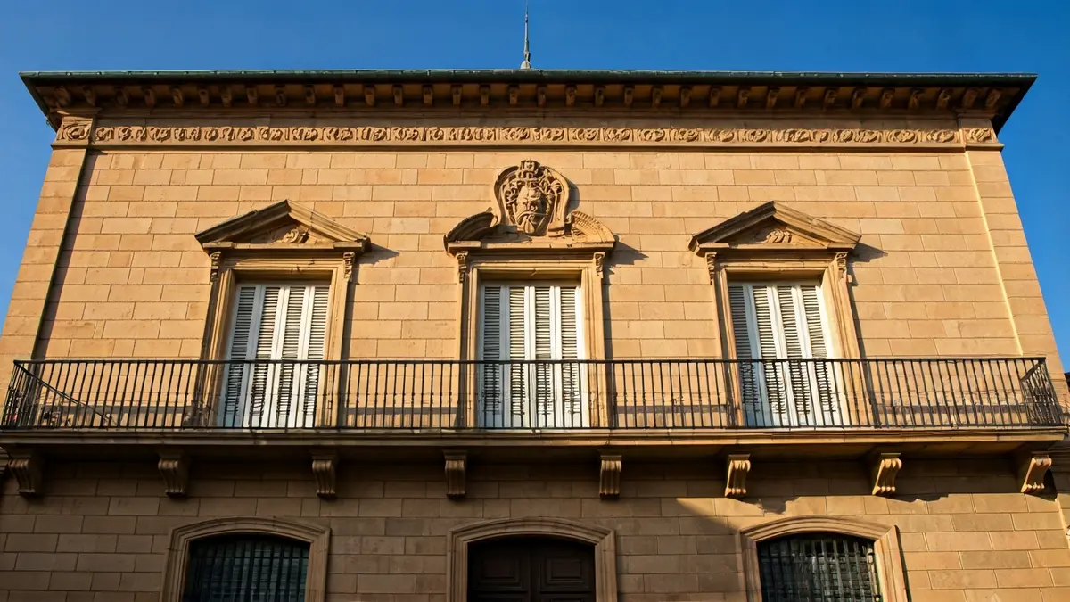Fachada del Ayuntamiento de Ontinyent con balcones de hierro forjado y luz solar.