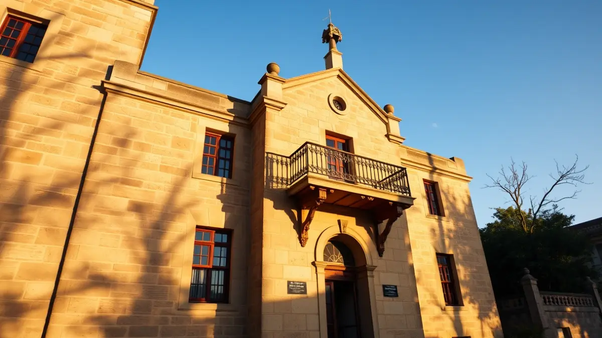 Fachada del ayuntamiento de Almoradí con balcones de hierro forjado y luz solar cálida.