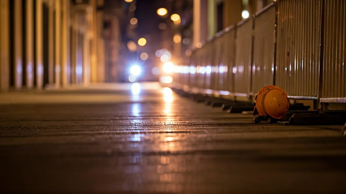 Imatge d'un accident laboral en una obra, amb llums d'emergència i equipament de seguretat.