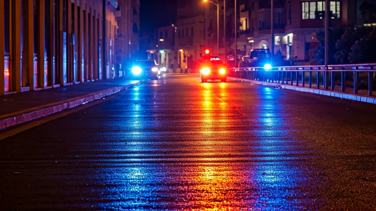 Imatge genèrica de llums d'emergència reflectint-se sobre l'asfalt mullat de nit.