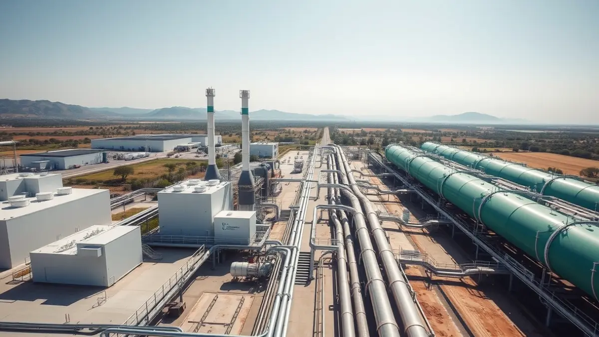 Imatge genèrica d'una planta de producció d'hidrogen verd en una àrea industrial.