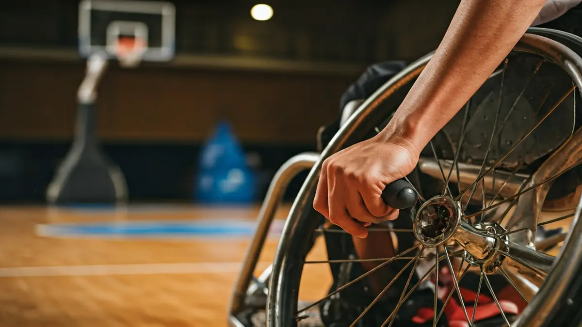 Imatge genèrica d'un jugador de futbol en cadira de rodes en acció, amb les mans en les rodes i la pista borrosa al fons.