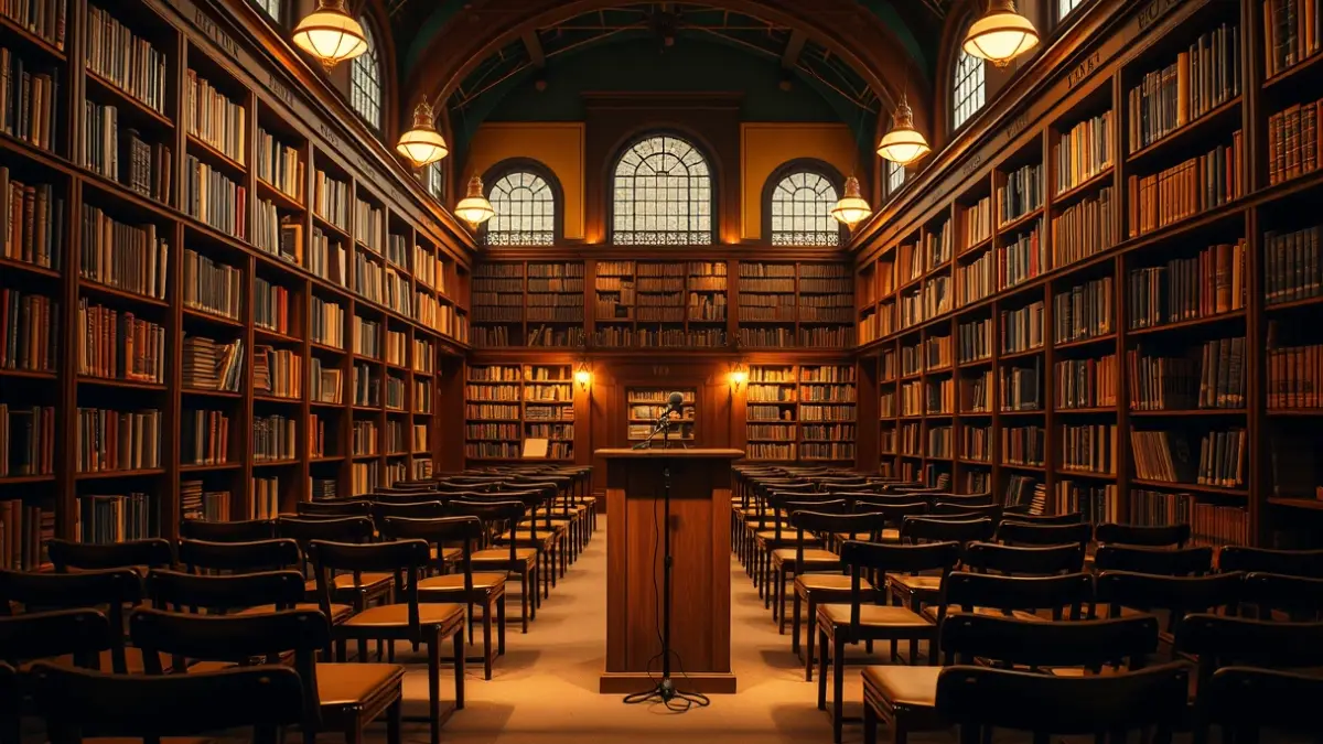 Imagen genérica de un interior de biblioteca con estanterías de madera y un ambiente acogedor, inspirado en la época de Jane Austen.