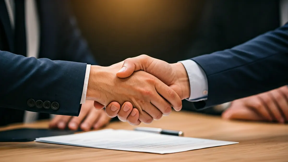 Imagen genérica de dos manos estrechándose sobre un documento, simbolizando un acuerdo de colaboración.