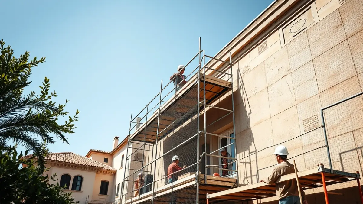 Image of rehabilitation works on a building, with scaffolding and safety nets.