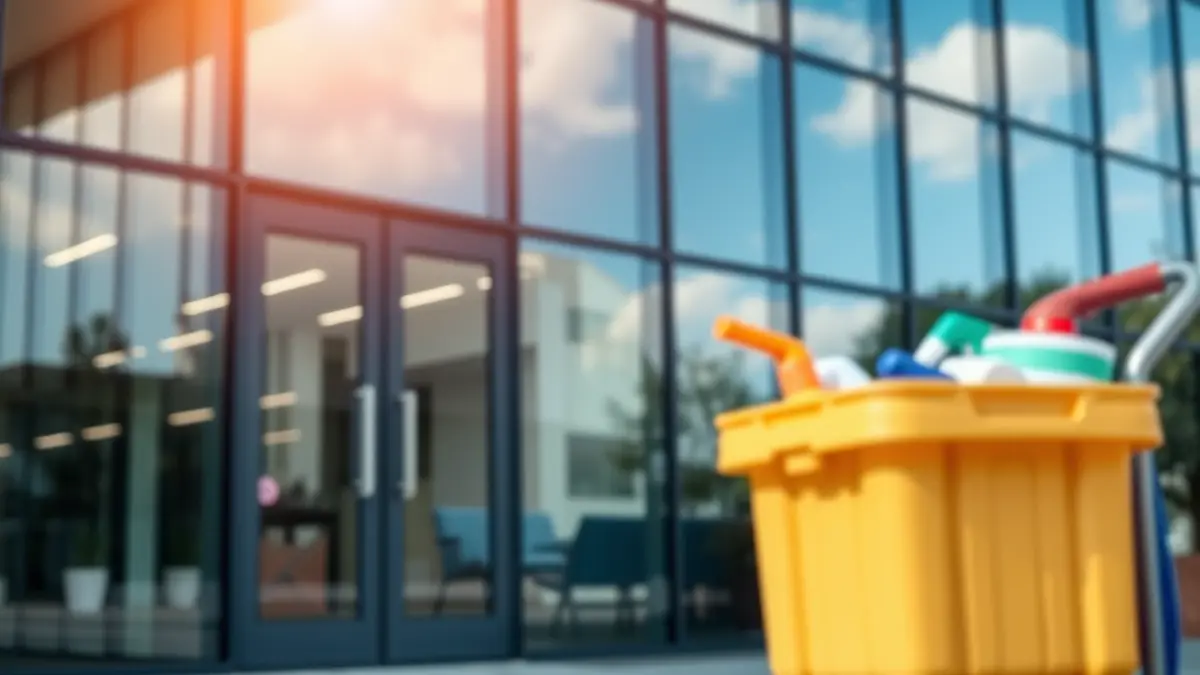 Imagen genérica de un edificio de oficinas moderno con un carrito de limpieza desenfocado en primer plano.