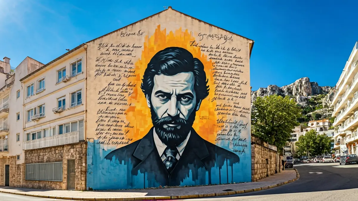 Imatge d'un mural artístic en una façana d'un barri mediterrani, amb colors vius i un cel blau.