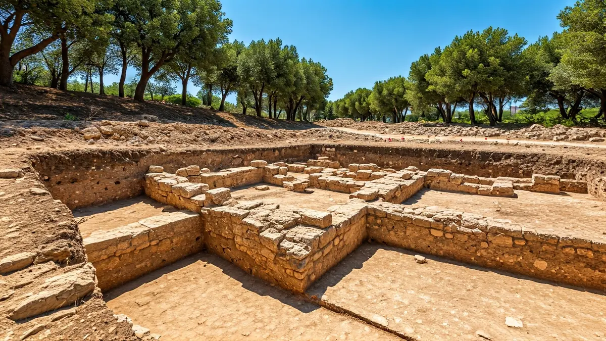 Imatge d'un jaciment arqueològic amb excavacions i restes històriques sota el sol.