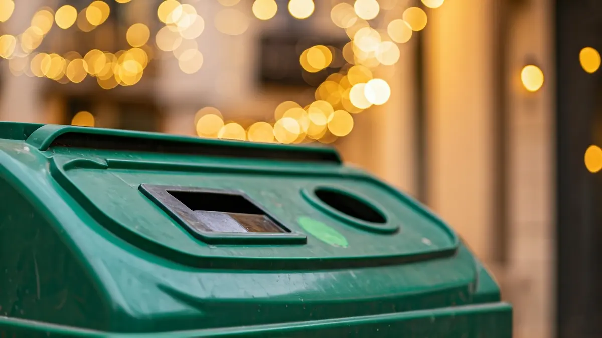 Generic image of a green glass recycling bin, with a blurred festive background.