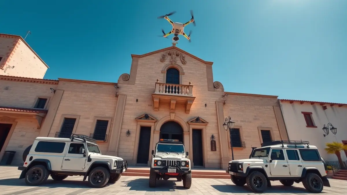 Image of off-road vehicles and a drone in front of a town hall, symbolizing the reinforcement of Orihuela's Local Police.