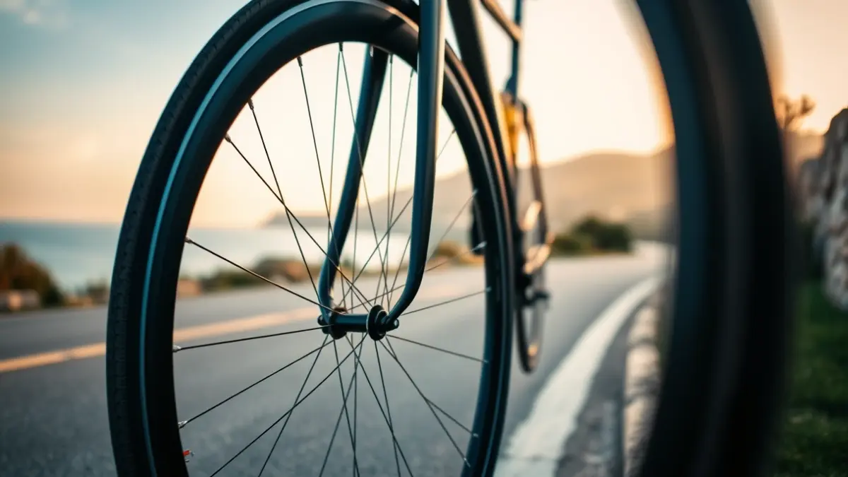 Generic image of a road bicycle wheel on a Mediterranean coastal route.