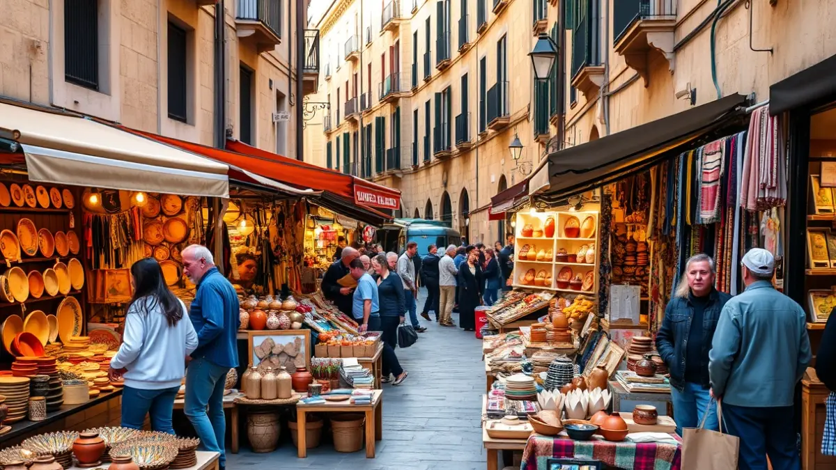 Imatge d'una fira d'artesania en un carrer històric, amb casetes i gent passejant.