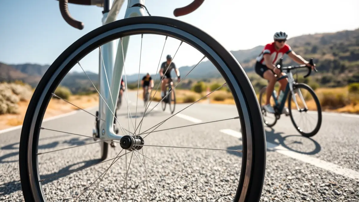 Generic image of a road bicycle wheel on asphalt, with blurred cyclists in the background on a Mediterranean landscape.
