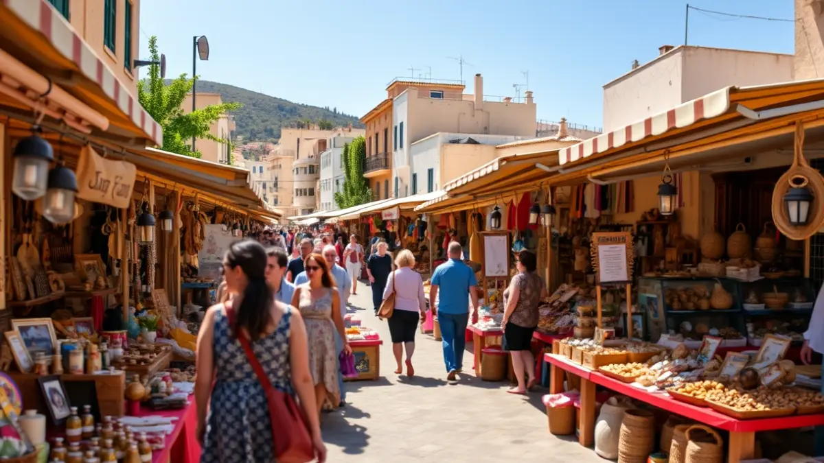 Imatge d'un mercat artesanal en un poble mediterrani, amb casetes que mostren productes tradicionals i artesania.