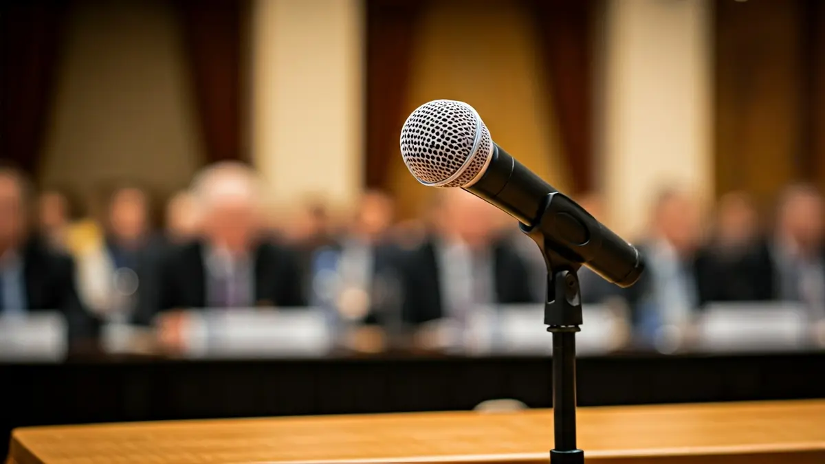 Imatge genèrica d'un micròfon en un faristol durant un congrés o esdeveniment públic.
