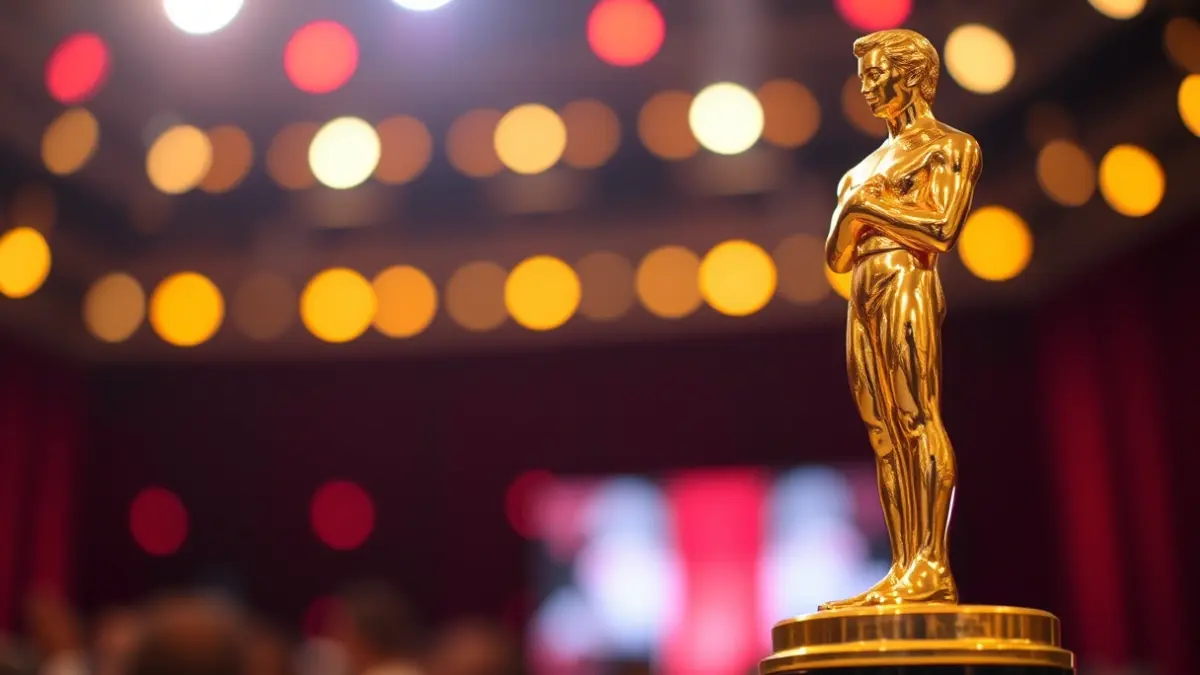 Generic image of a golden film award on a lit stage.