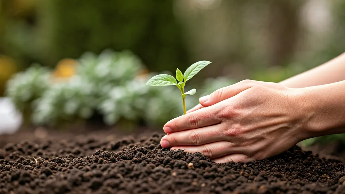 Generic image of hands planting a small plant in fertile soil.