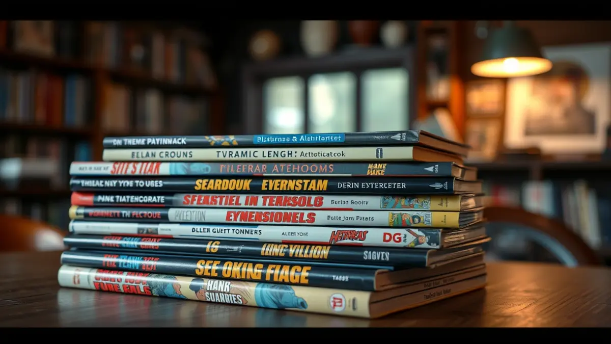 Imatge genèrica de còmics i novel·les gràfiques en una taula de fusta, amb un fons desenfocat d'un racó de lectura acollidor.