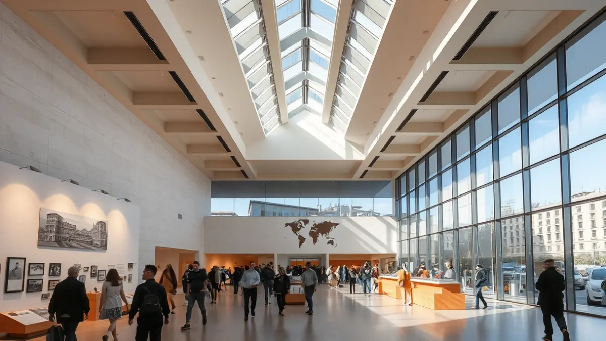 Imagen del interior de un museo moderno con luz natural, destacando elementos arquitectónicos y un sentido de reunión comunitaria, con un enfoque en la innovación y la recuperación, en una ciudad mediterránea.