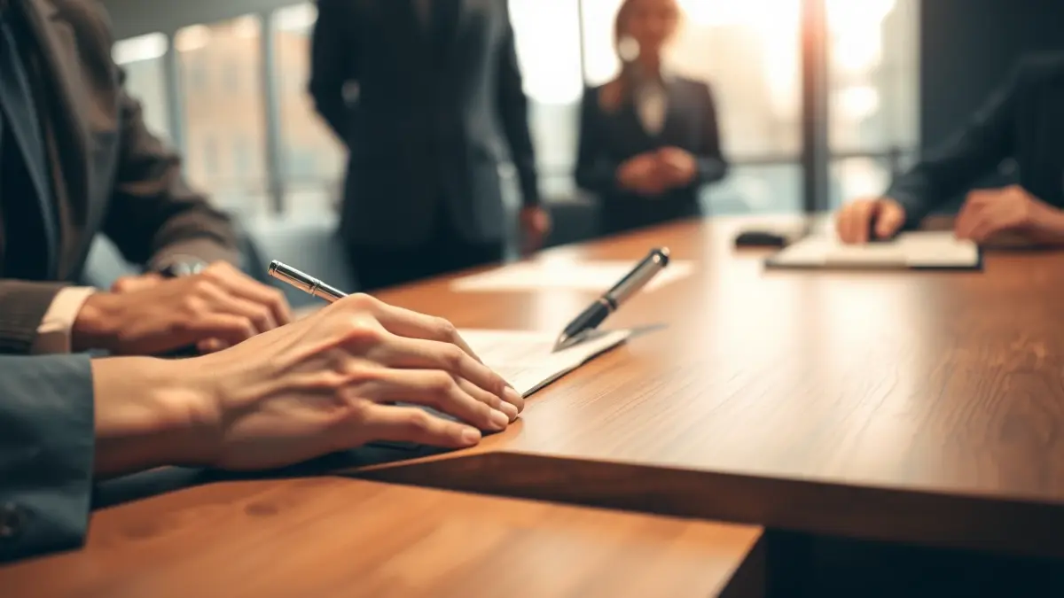 Imagen genérica de una reunión de trabajo con documentos y manos firmando.
