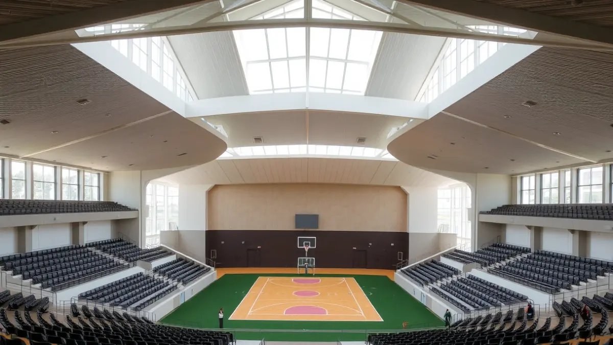 Generic image of a modern multi-sport pavilion with a central court and stands.