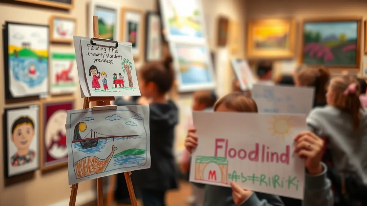 Imatge d'una exposició de dibuixos infantils en una galeria d'art, amb obres que mostren escenes d'inundacions i solidaritat comunitària.
