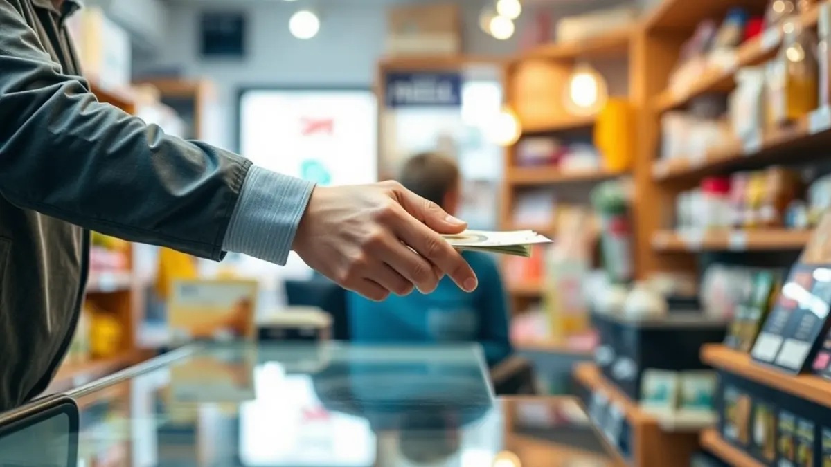 Generic image of hands exchanging money in a local shop, symbolizing economic recovery.