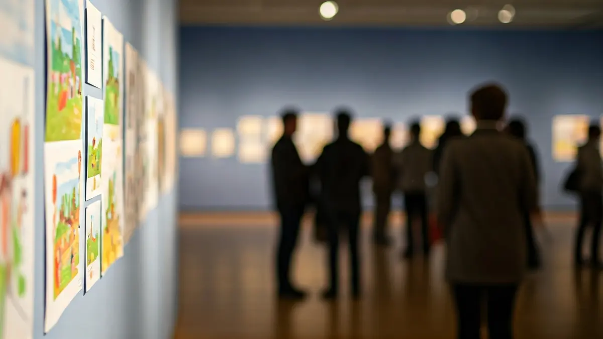 Image of an exhibition of children's drawings in a museum, with Valencian artworks alongside.