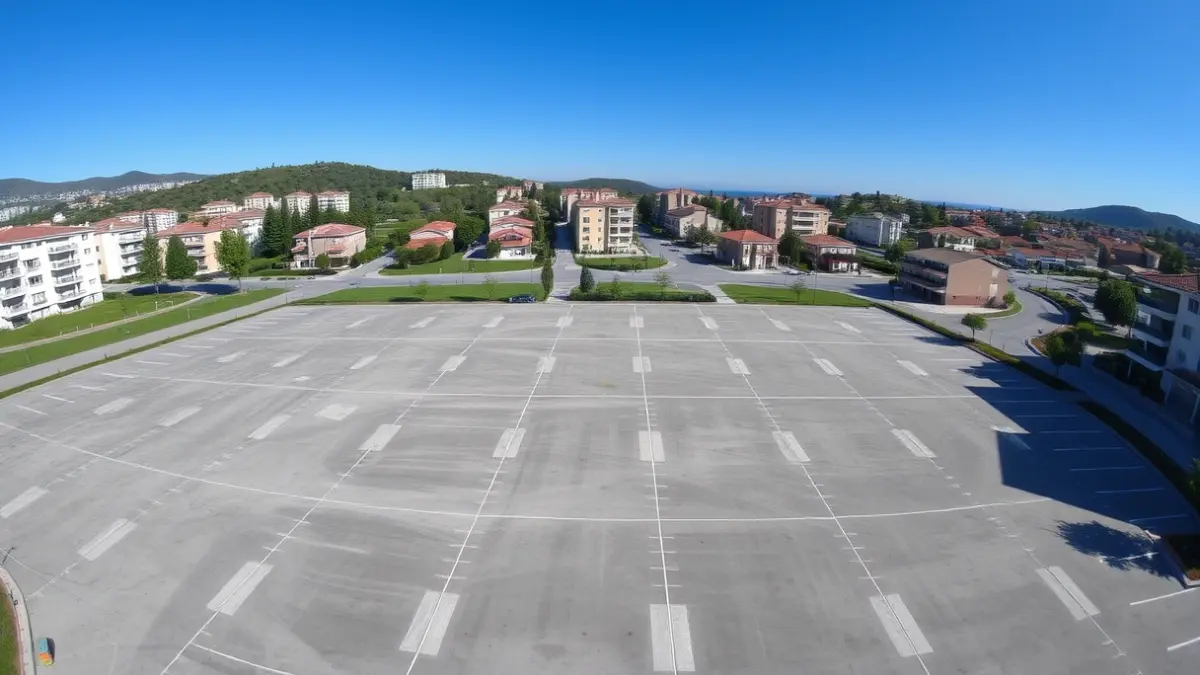 Imagen aérea de un nuevo aparcamiento con plazas marcadas en una zona urbana de la Comunidad Valenciana.