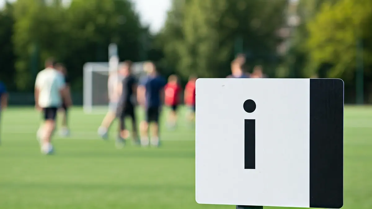 Generic image of a new information sign at a sports facility, with blurred sports equipment in the background.