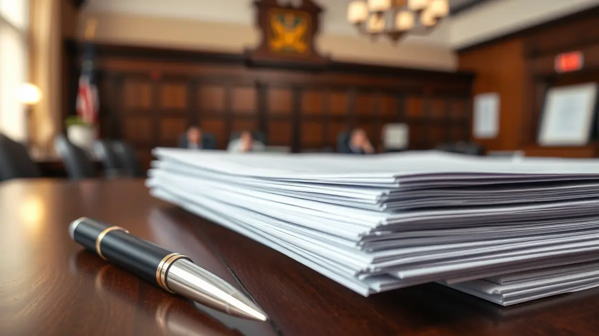 Imatge genèrica de documents oficials i un bolígraf sobre un escritori de fusta, amb un fons desenfocat d'un interior d'edifici municipal.