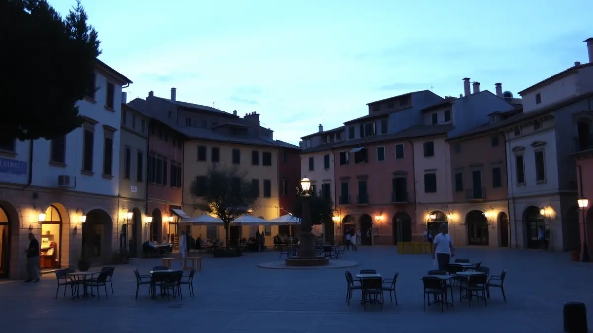 Imagen genérica de una plaza de pueblo mediterránea al anochecer, con luces cálidas.