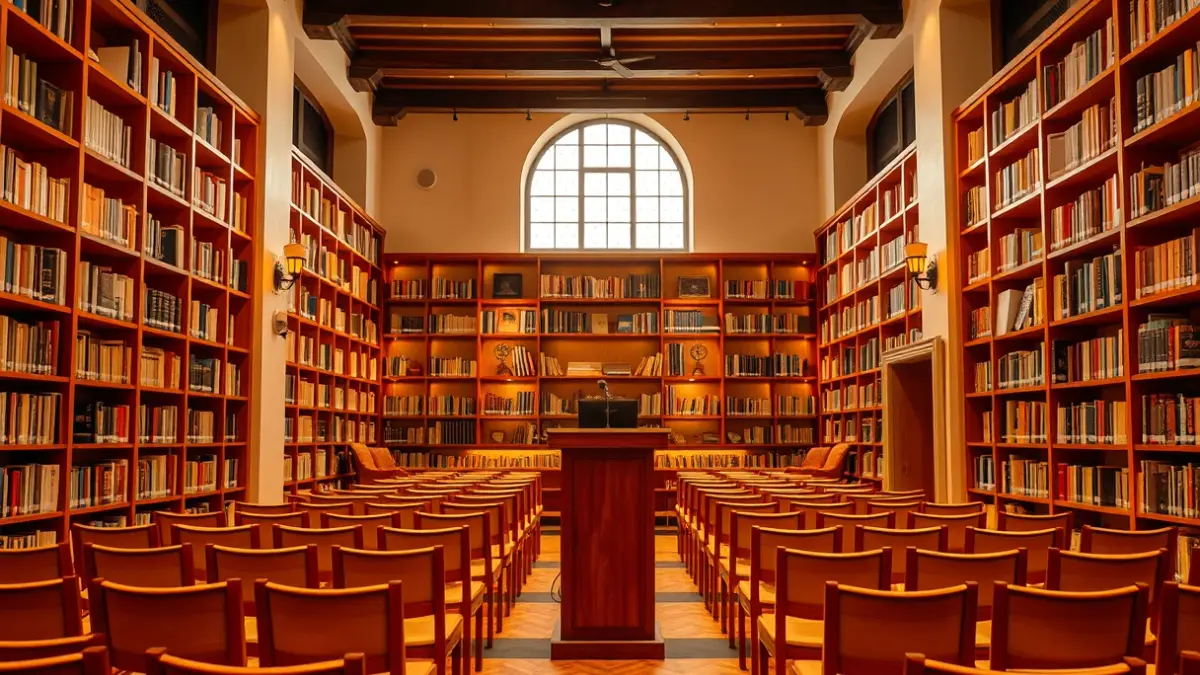 Imagen genérica de una biblioteca con estanterías de madera y un ambiente acogedor de lectura.