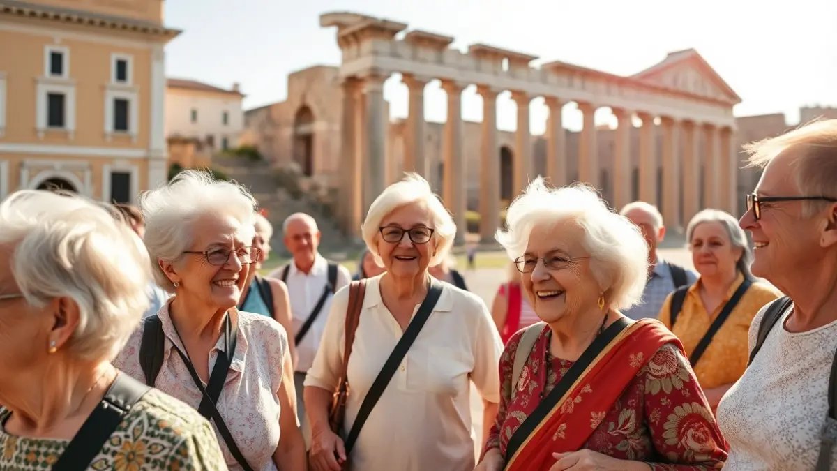 Image of a group of elderly people on a guided tour in a historic city.